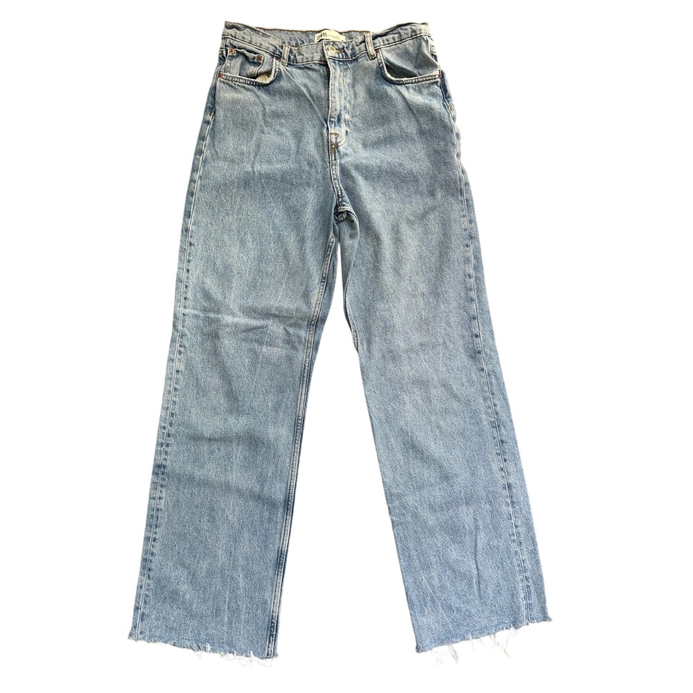 Zara Women's Wide Leg High Waisted Light Wash Jeans With Raw Hem Size 10